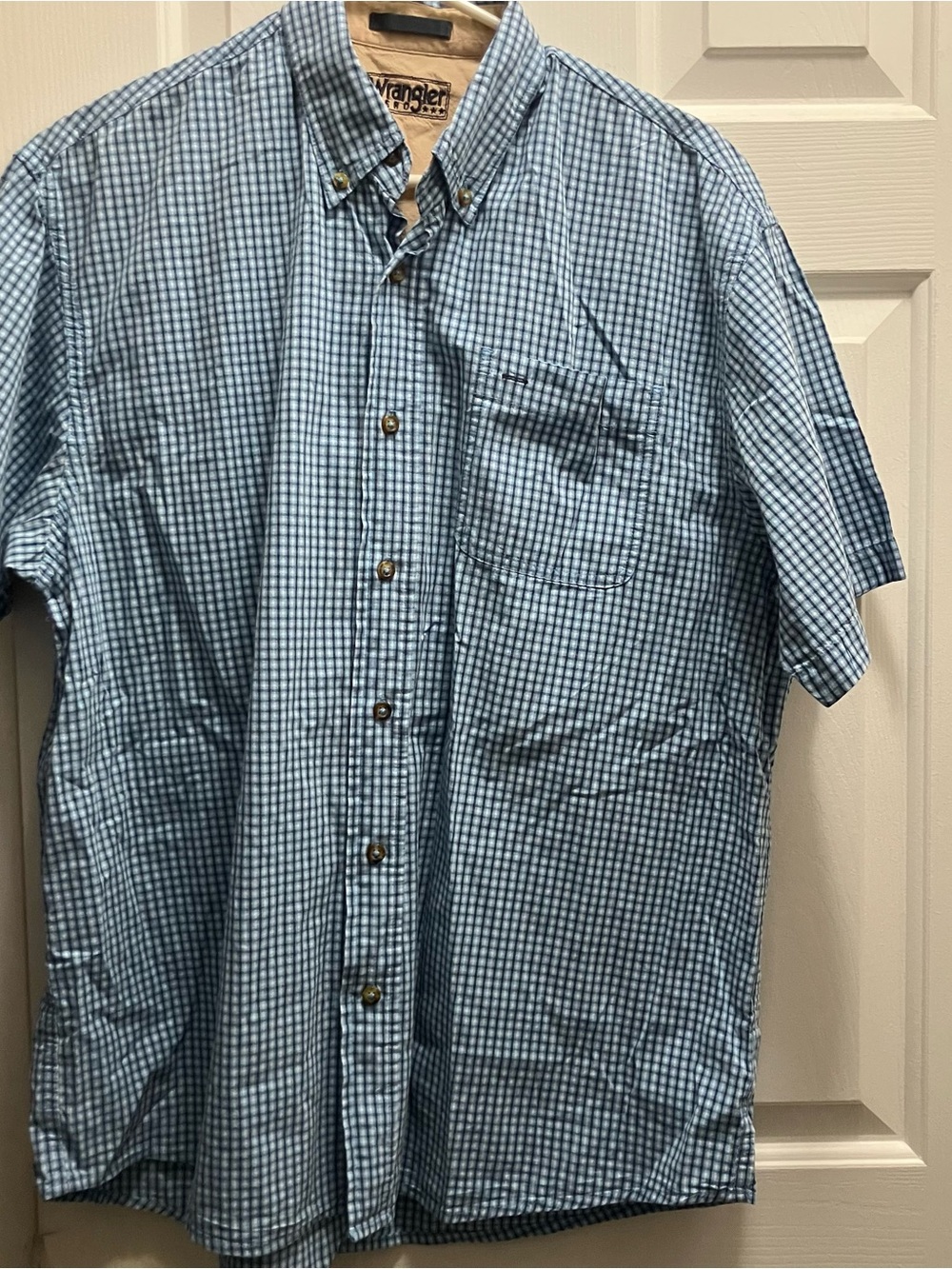 Wrangler Hero Shirt Mens L Blue Check Button Up Short Sleeve Casual